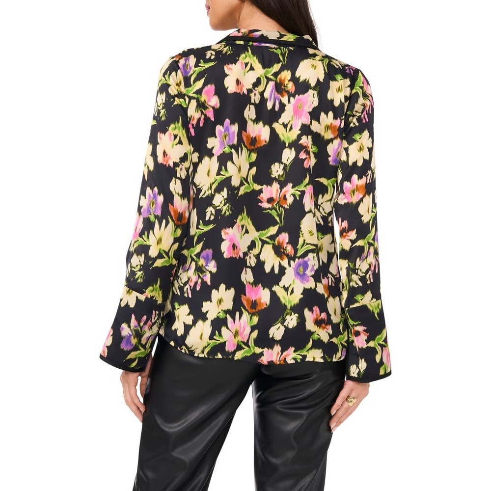 Vince Camuto Womens Floral Long Sleeve Split Neck Blouse Top Black XS NWT - Picture 2 of 10